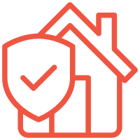 Icon of a house partially covered by a checkmark inside of a shield