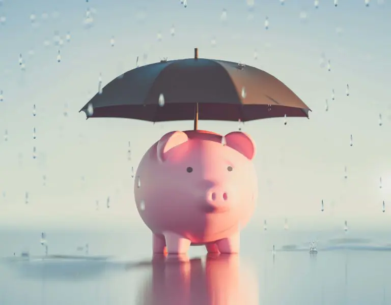 A pink piggy bank stands under a black umbrella in the rain on a reflective surface, symbolizing the security of an umbrella insurance policy.