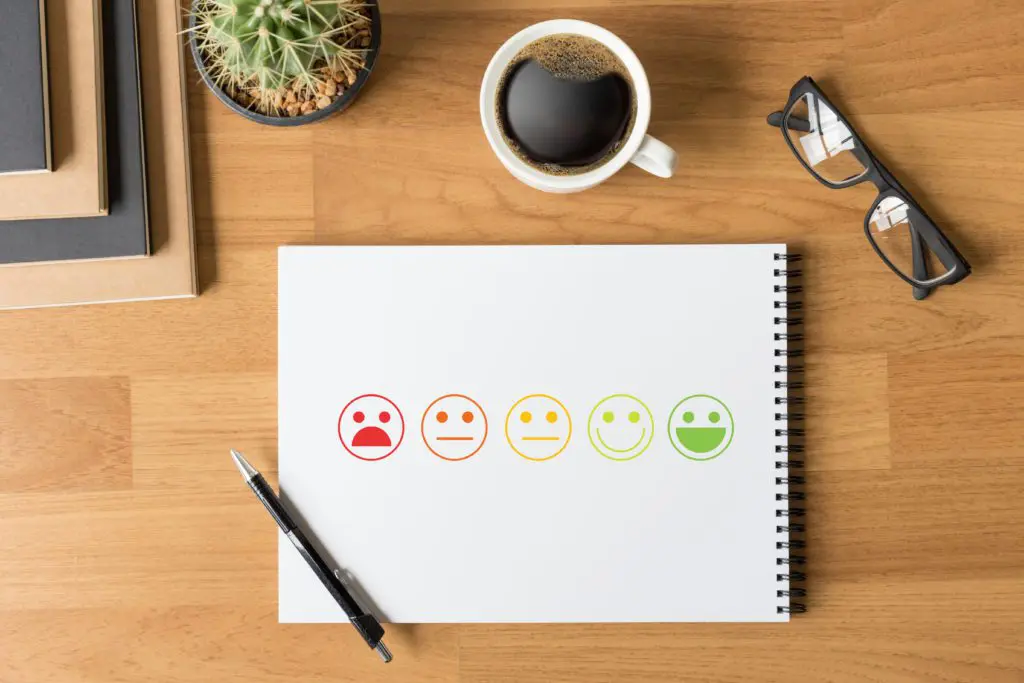 Satisfaction survey with happy and sad emoticons on a table with a pen, coffee and eyeglasses