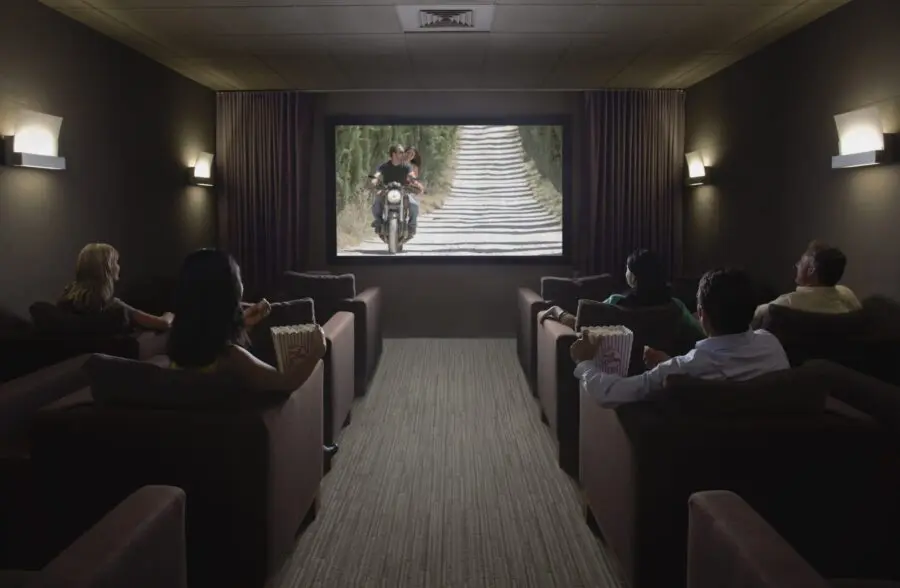 people watching a screen in a home theater