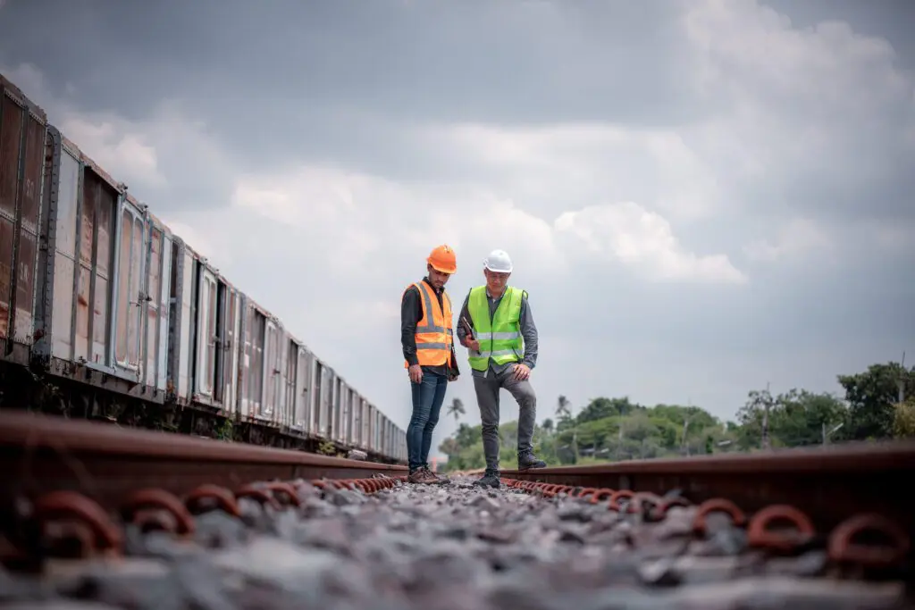 Two men in protective gear examining railroad and discussing