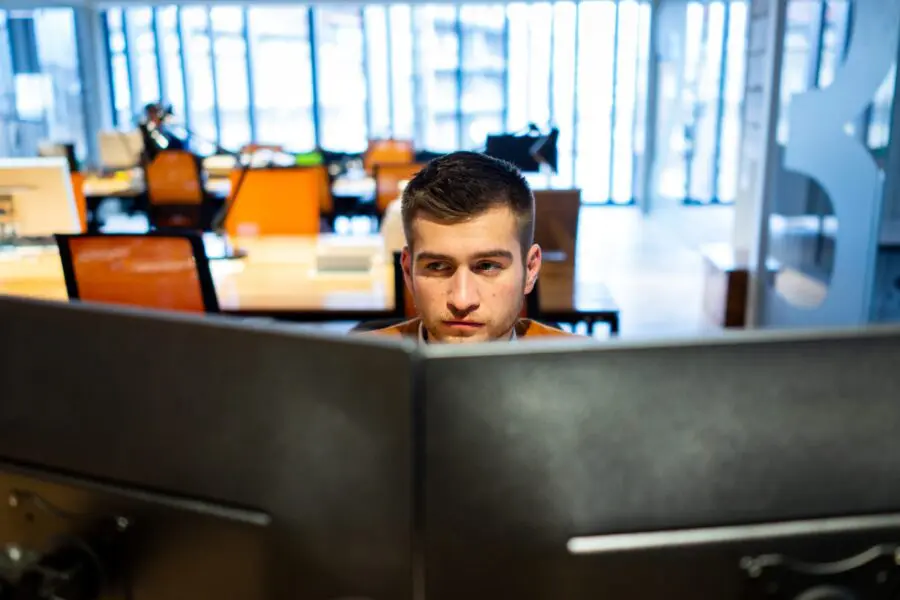 Desktop computer working businessman in office