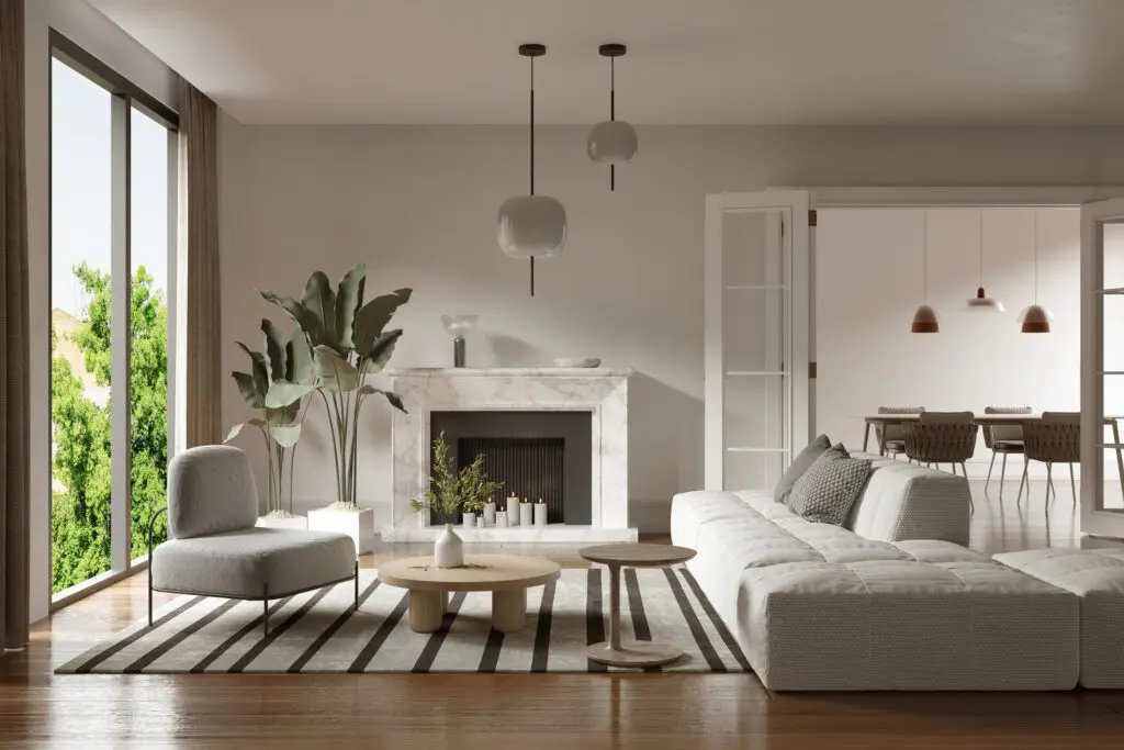 White sofa by coffee table and fireplace in contemporary living room at home
