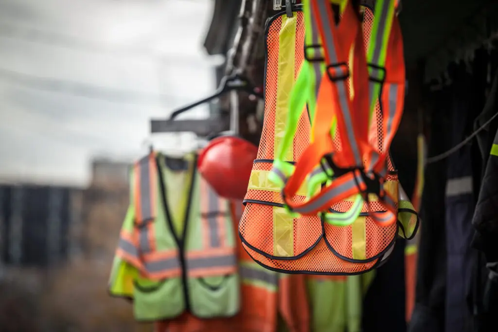Personal protective equipment, including hard hats, harnesses and orange vests, hanging on a clothing rack at a job site
