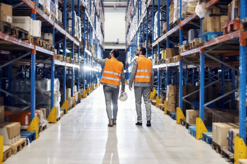 Two businessmen walking around a storage facility and inspecting the warehouse for workplace safety