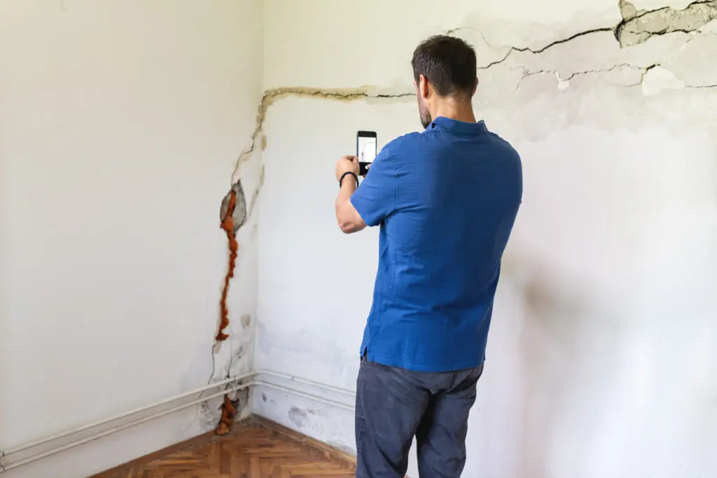 Man looking at a cracked wall after an earthquake and using phone to document damage