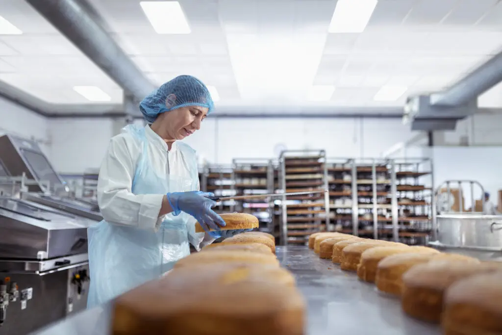 Female worker filling cakes in a food manufacturing facility