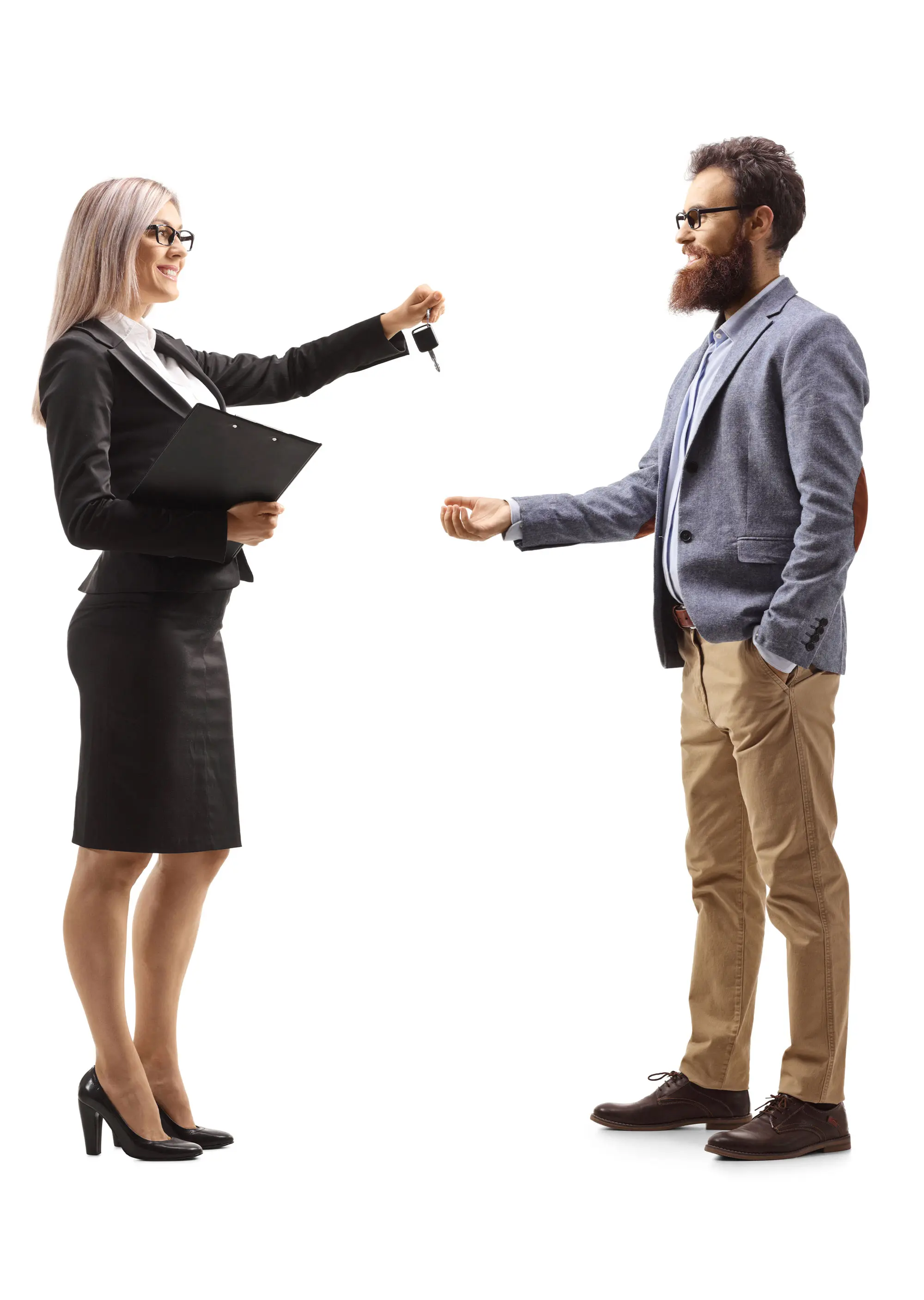 Real estate agent handing businessman keys to building