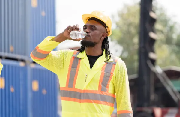 Male worker at an outdoor container yard taking a break and drinking water