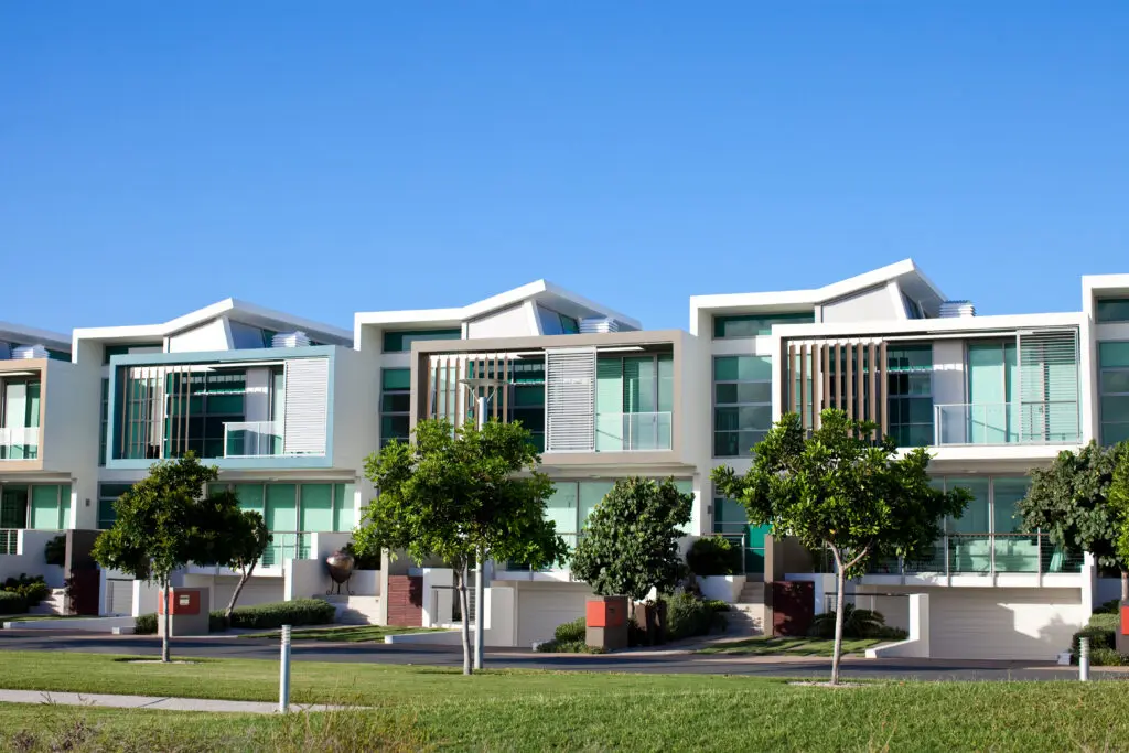 New modern luxury urban condo apartments with blue sky