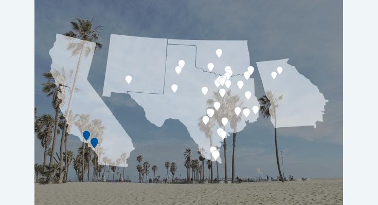 Map of the U.S. with a focus on California, Texas, and Florida, highlighting strategic partnerships with pinpoints on various locations within these states. The map is set against a picturesque beach backdrop adorned with palm trees, evoking a serene escape.