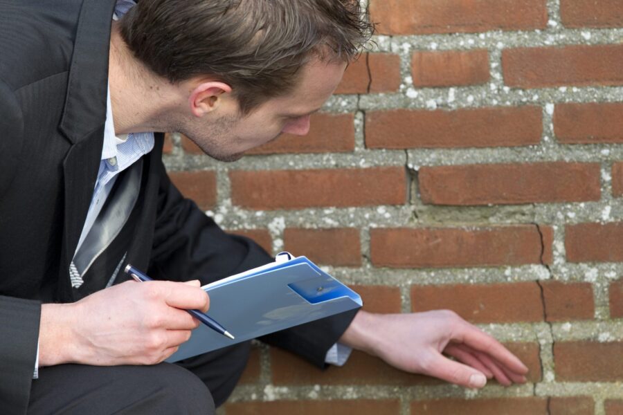 A building inspector assessing the damage that was done to the side of a brick building