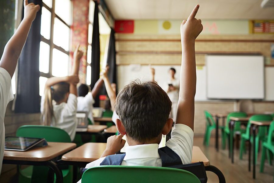 Rear View Of Boy With Raised Hand In Class