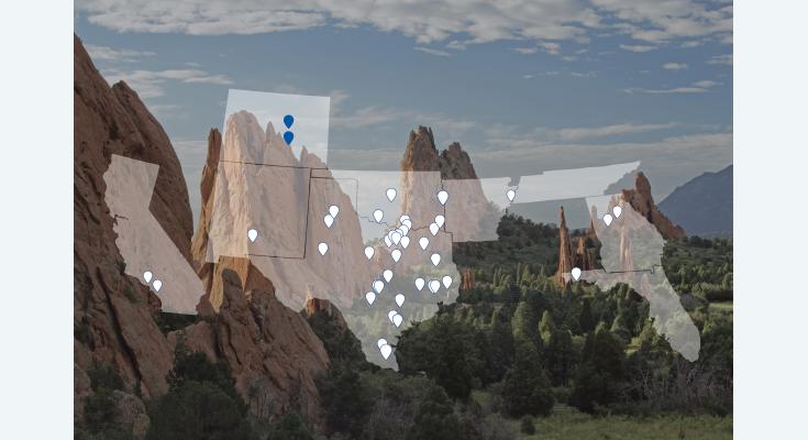 Map overlay on a landscape of red rock formations and greenery, with multiple location markers across Colorado and other U.S. states beneath a cloudy sky.
