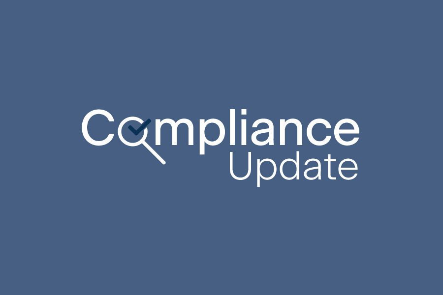 Text on a blue background reads "Compliance Update," with the letter "o" in "Compliance" styled as a magnifying glass, highlighting crucial EEOC insights from 2019 and 2020 data.