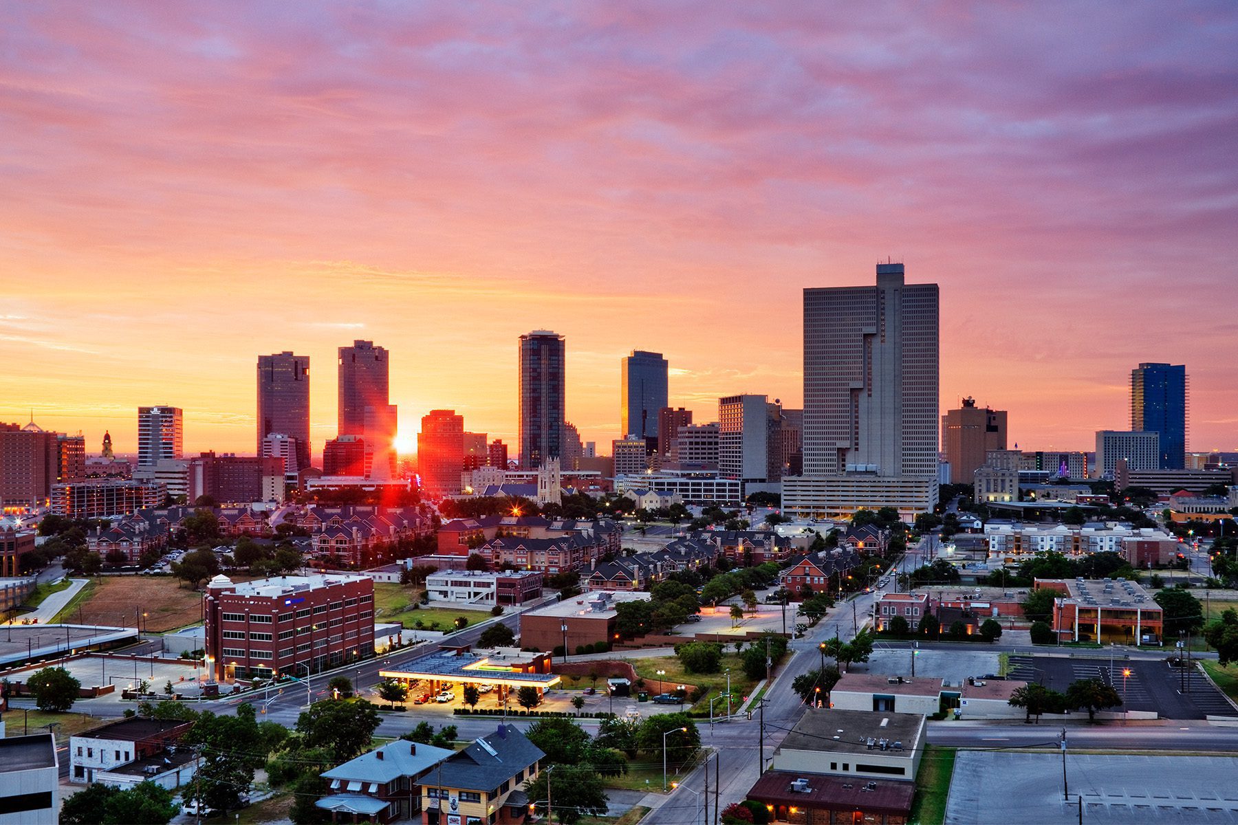 Sun setting over downtown Fort Worth, TX