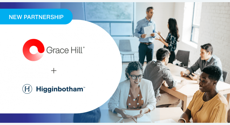 Collaboration announcement with two logos: Grace Hill and Higginbotham. In the background, six people, representing the multifamily industry, are engaged in discussion around two tables.