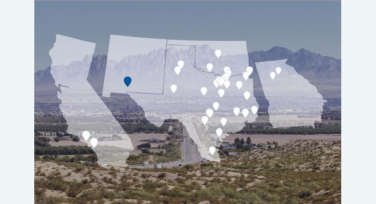Map overlay of southwestern U.S. states, featuring multiple location markers for Higginbotham and Pat Campbell Insurance, set against a New Mexico desert landscape with distant mountains.