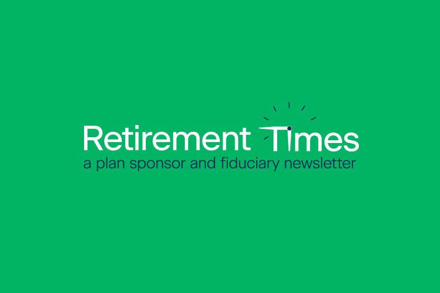 Text logo on a green background reading "Retirement Times: a plan sponsor and fiduciary newsletter" with a clock motif above the "T" in "Times," capturing the essence of July 2021's insights.