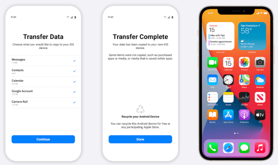 iPhone screenshots of Move to IOS app