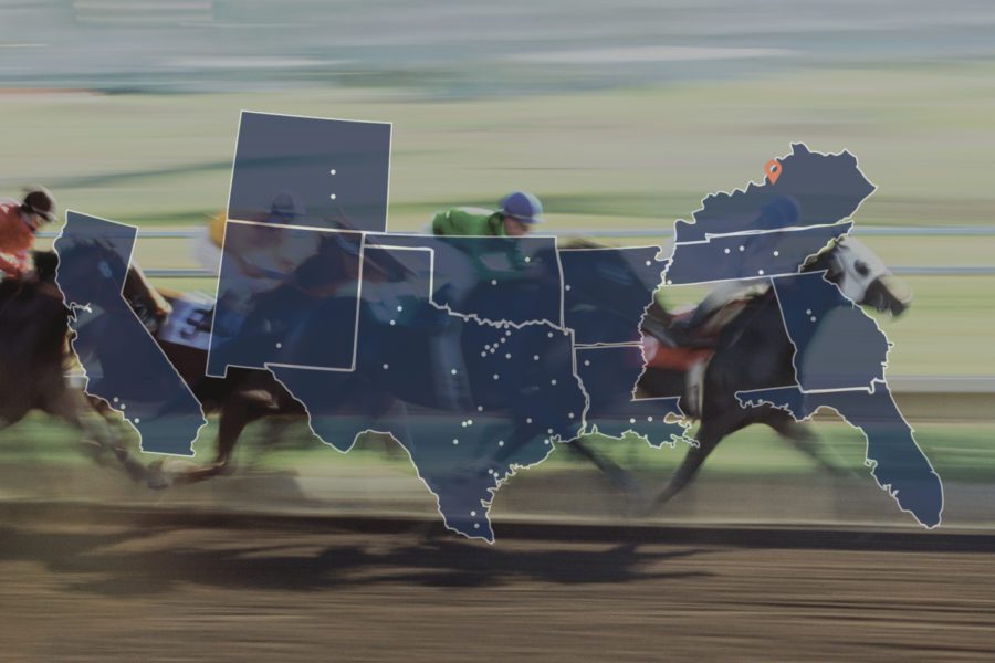 Overlay of a U.S. map on a blurred horse race image, highlighting certain states and locations in white, including Kentucky.