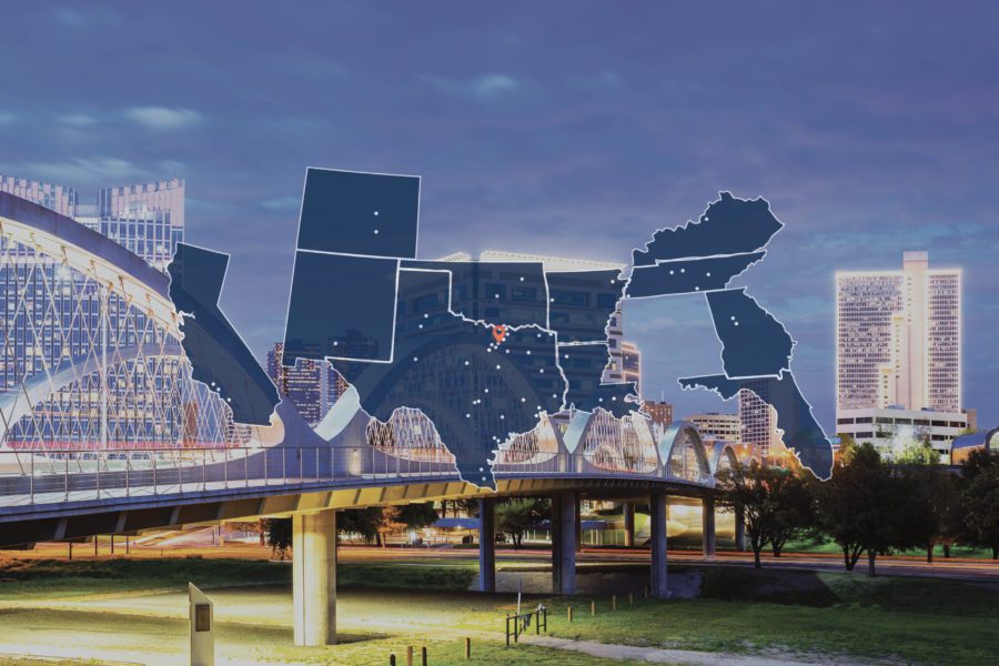 A digital collage from the WhitneySmith Company overlays the outlines of several U.S. states on a nighttime cityscape with modern buildings and a bridge.