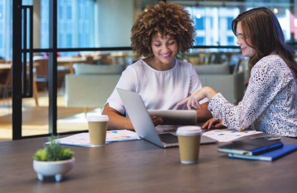 Business colleagues having a conversation. They are both young business people casually dressed in a modern office. Could be an interview or consultant working with a client. She is listening and smiling. They are using a laptop and digital tablet. Mixed ethnic group. One is African American and the other is Caucasian