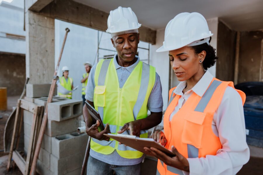 Manager checking work on construction site looking over a contract bond