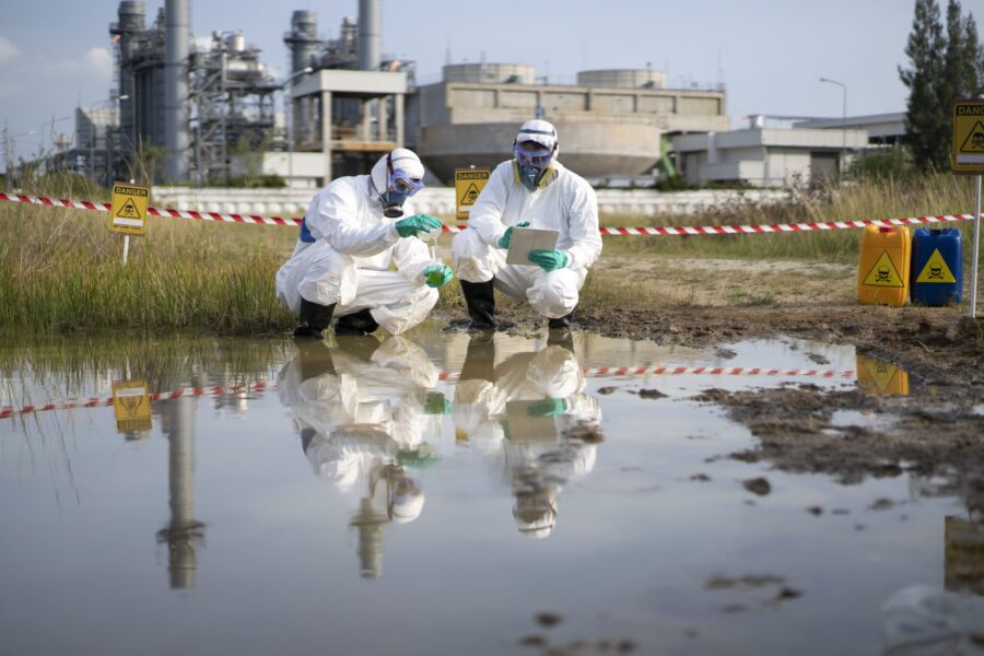 Scientists wear protective clothing to analyze and collect samples of wastewater.