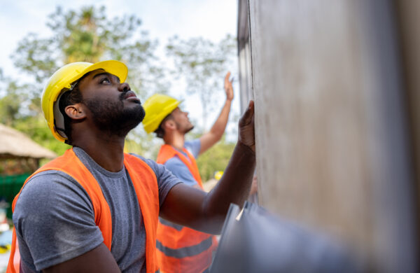 Team of construction workers installing panels while building a manufactured house - construction industry concepts