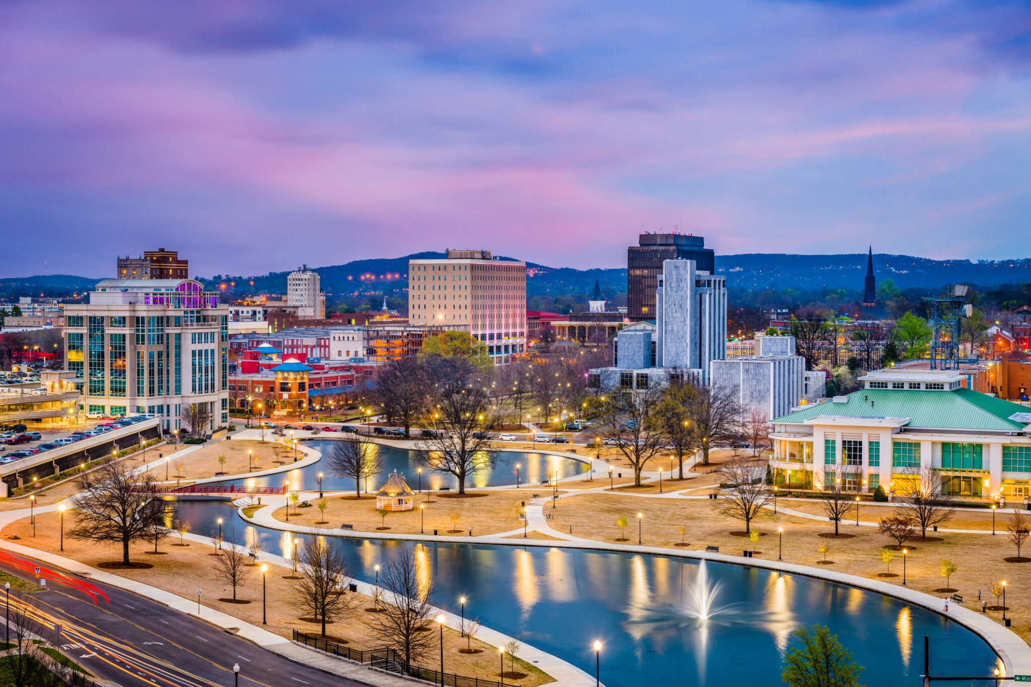 Huntsville, Alabama, park and downtown cityscape at twilight