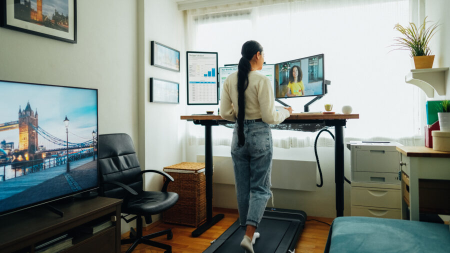 Woman working from home at standing desk