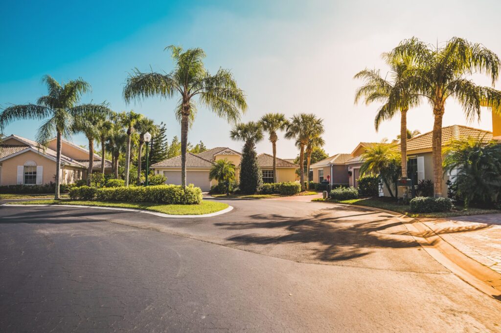 Homes on a quiet street lined with palm trees in a gated community in South Florida