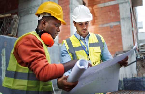 Two construction workers discussing work at construction site