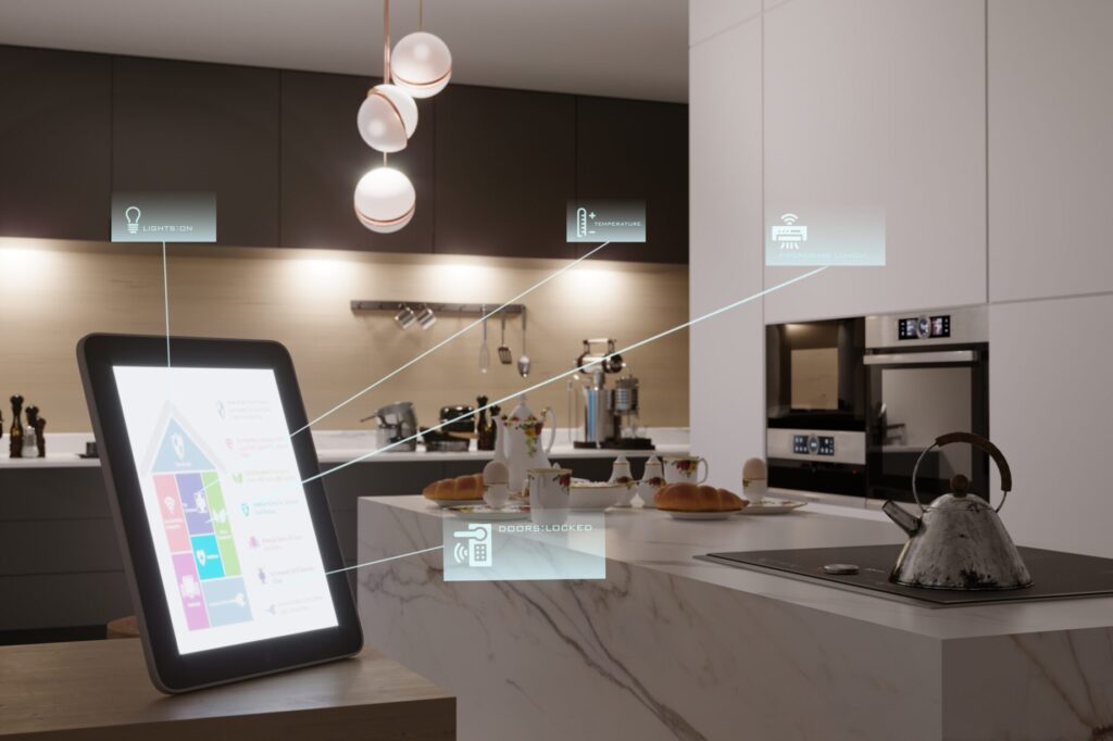 3D render of smart home system in luxury kitchen interior in the evening.
