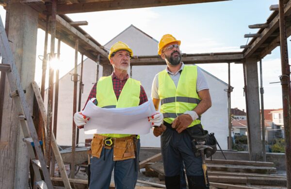 Architect and building general contractor having an meeting about project on a construction site