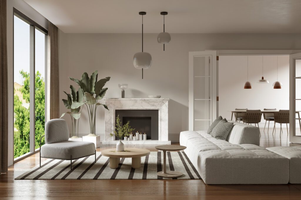 White sofa by coffee table and fireplace in contemporary living room at home