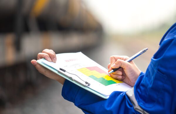A project engineer is writing on a risk assessment matrix with different colors that represent risk level with a blurred train in the background