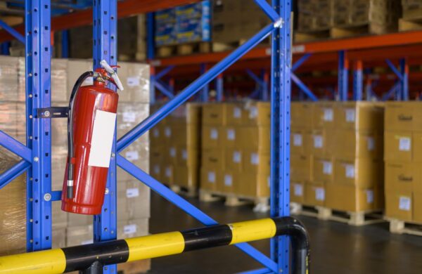Fire extinguisher on shelf of cardboard boxes in modern warehouse