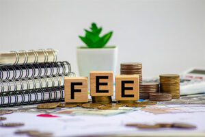 Picture of the word fee on blocks, surrounded by coins