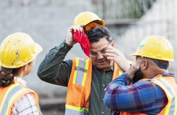 A group of three construction workers at a project site wearing hard hats, safety glasses and reflective clothing, conversing while recovering from heat exposure